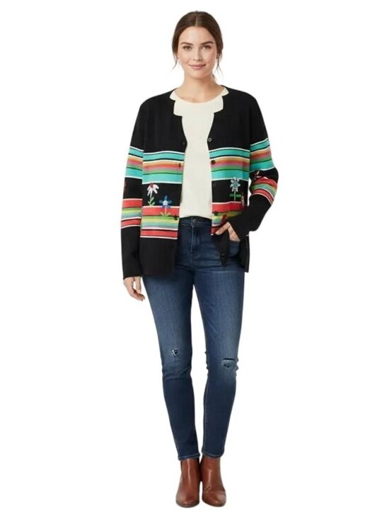 Sharon Young Sweaters - Sharon Young Vintage Striped Embroidered Floral Button Front Cardigan‎ Women's L